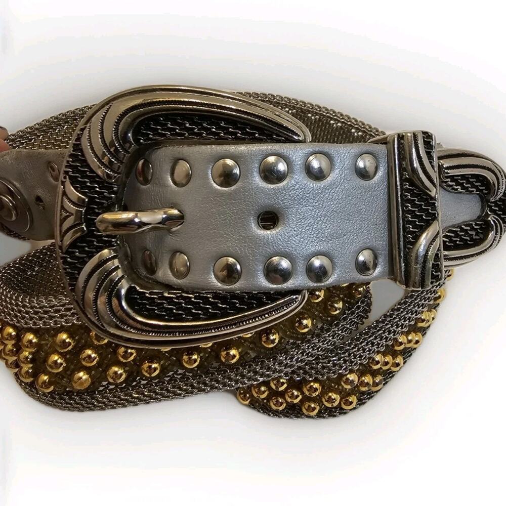 Vintage USMECO Silver Woven Mesh Metal Braided‎ Studded Leather Belt w/gold Bead